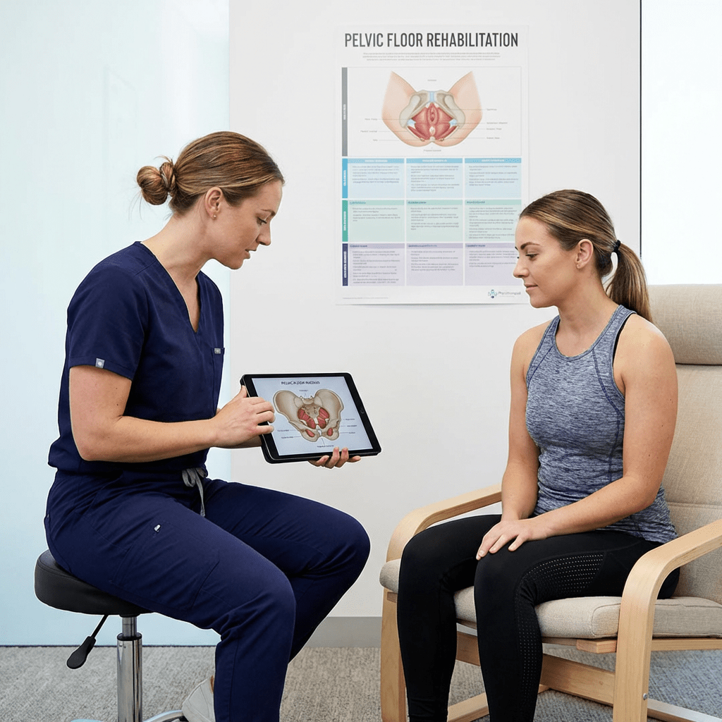 A healthcare professional showing a patient a pelvic diagram on a digital tablet.
