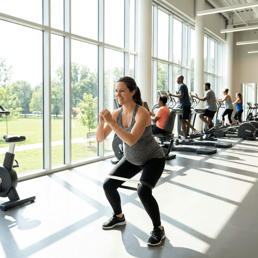 A pregnant woman performs squats with a resistance band in a sunlit modern gym.