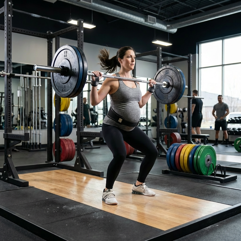Pregnant woman sitting on a stability ball and lifting teal dumbbells in a sunlit living room.