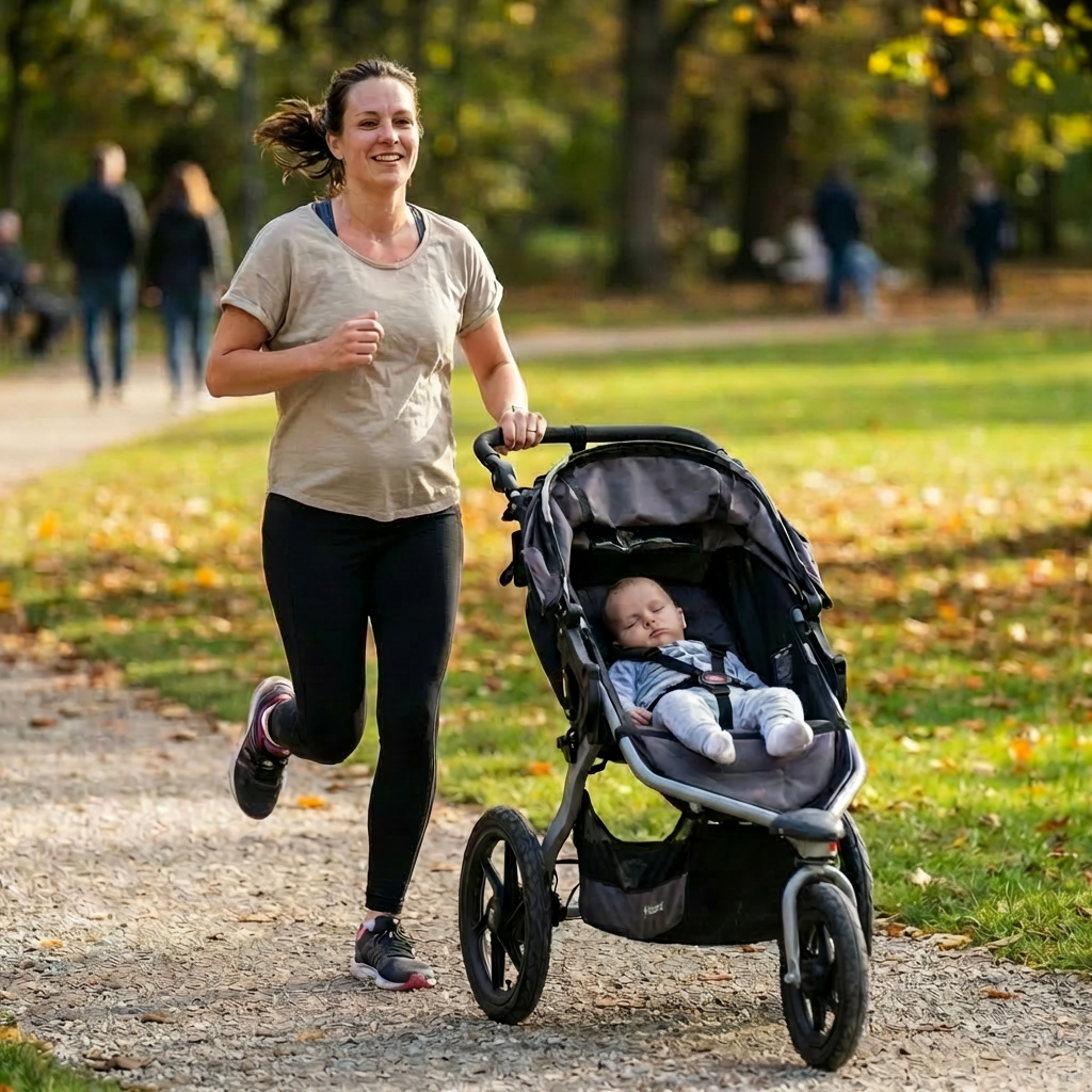Pregnant woman jogging on a park path while pushing a sleeping baby in a stroller.