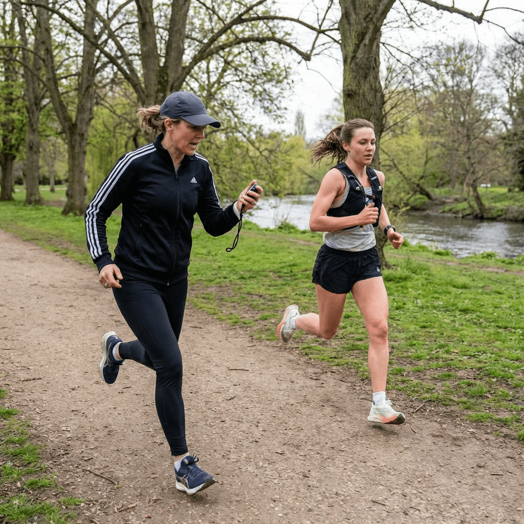 A coach with a stopwatch runs alongside an athlete on a park path.